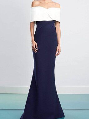 NWT Alexander by Daymor Off Shoulder Evening Dress Navy/White Size 4